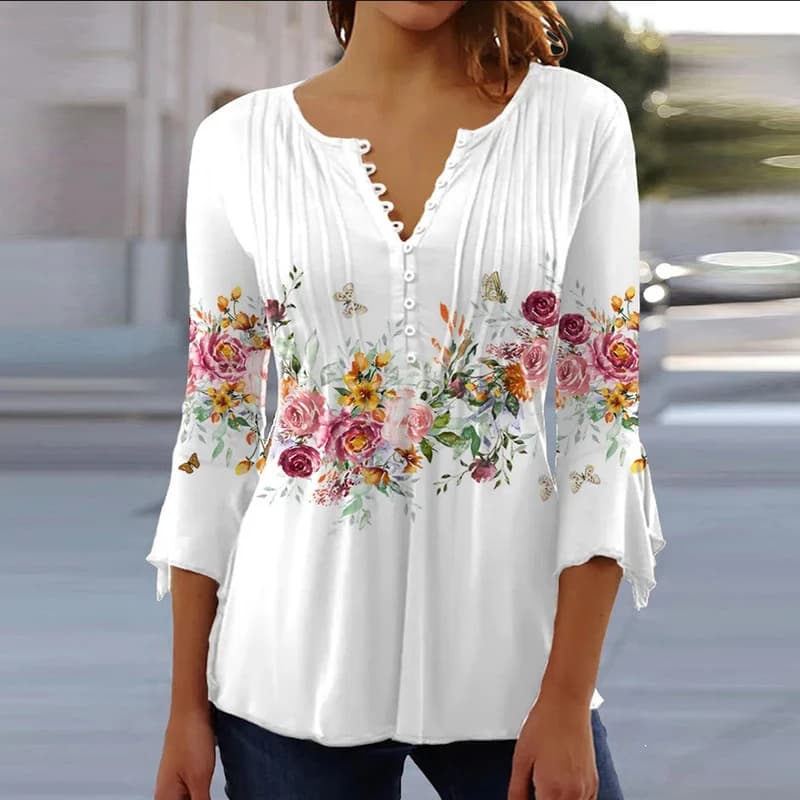 2026 Graphical Print Shirts for Women Women Spring Summer 3/4 Sleeve V Neck Buttons Blouse Shirt Ladies Long Sleeve Tops
