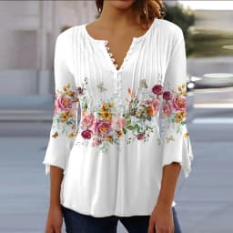 2026 Graphical Print Shirts for Women Women Spring Summer 3/4 Sleeve V Neck Buttons Blouse Shirt Ladies Long Sleeve Tops