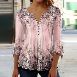 2026 Graphical Print Shirts for Women Women Spring Summer 3/4 Sleeve V Neck Buttons Blouse Shirt Ladies Long Sleeve Tops