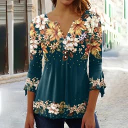 2026 Graphical Print Shirts for Women Women Spring Summer 3/4 Sleeve V Neck Buttons Blouse Shirt Ladies Long Sleeve Tops