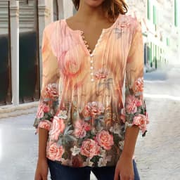 2026 Graphical Print Shirts for Women Women Spring Summer 3/4 Sleeve V Neck Buttons Blouse Shirt Ladies Long Sleeve Tops