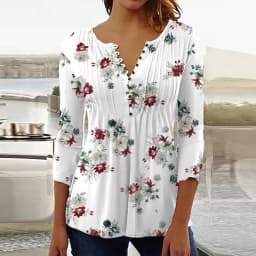 2026 Graphical Print Shirts for Women Women Spring Summer 3/4 Sleeve V Neck Buttons Blouse Shirt Ladies Long Sleeve Tops