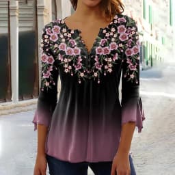 2026 Graphical Print Shirts for Women Women Spring Summer 3/4 Sleeve V Neck Buttons Blouse Shirt Ladies Long Sleeve Tops