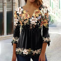 2026 Graphical Print Shirts for Women Women Spring Summer 3/4 Sleeve V Neck Buttons Blouse Shirt Ladies Long Sleeve Tops