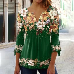 2026 Graphical Print Shirts for Women Women Spring Summer 3/4 Sleeve V Neck Buttons Blouse Shirt Ladies Long Sleeve Tops