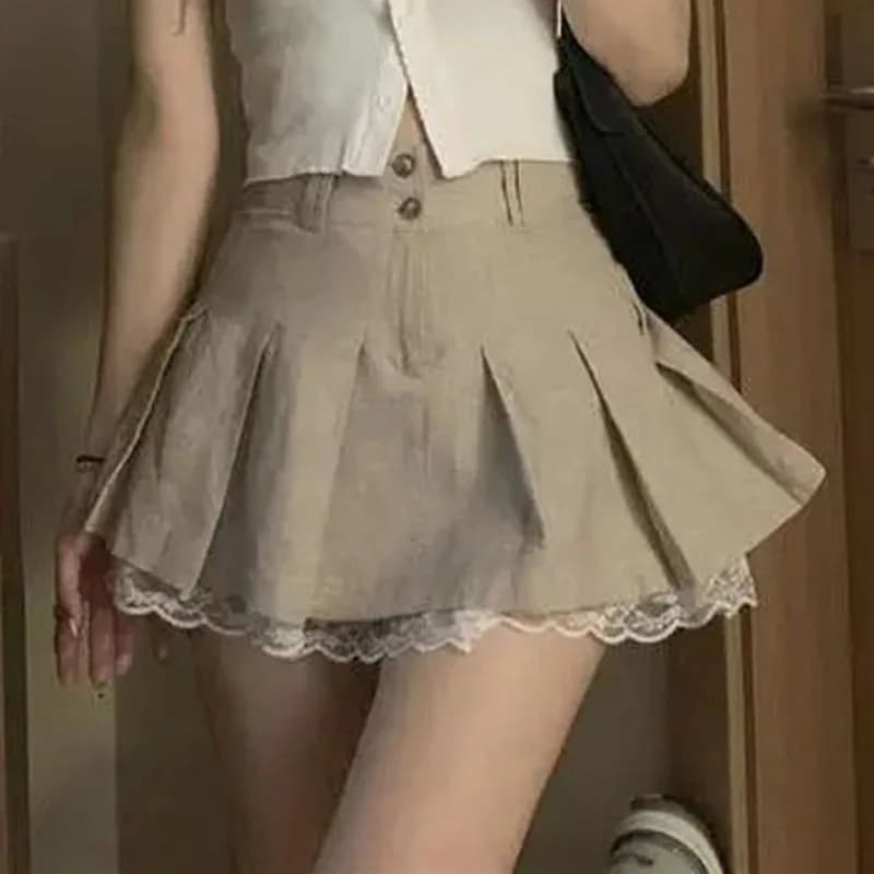 High Waist Lace Pleated Skirt Spring New Korean A-Line Mini Fashion Casual All Match Jk Student Skirt