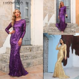 Women Elegant Dress Slim Party Long Sleeve Sequins Mermaid Lady Temperament High Waist Round Neck Dinner Solid Maxi Cloth