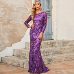 Women Elegant Dress Slim Party Long Sleeve Sequins Mermaid Lady Temperament High Waist Round Neck Dinner Solid Maxi Cloth
