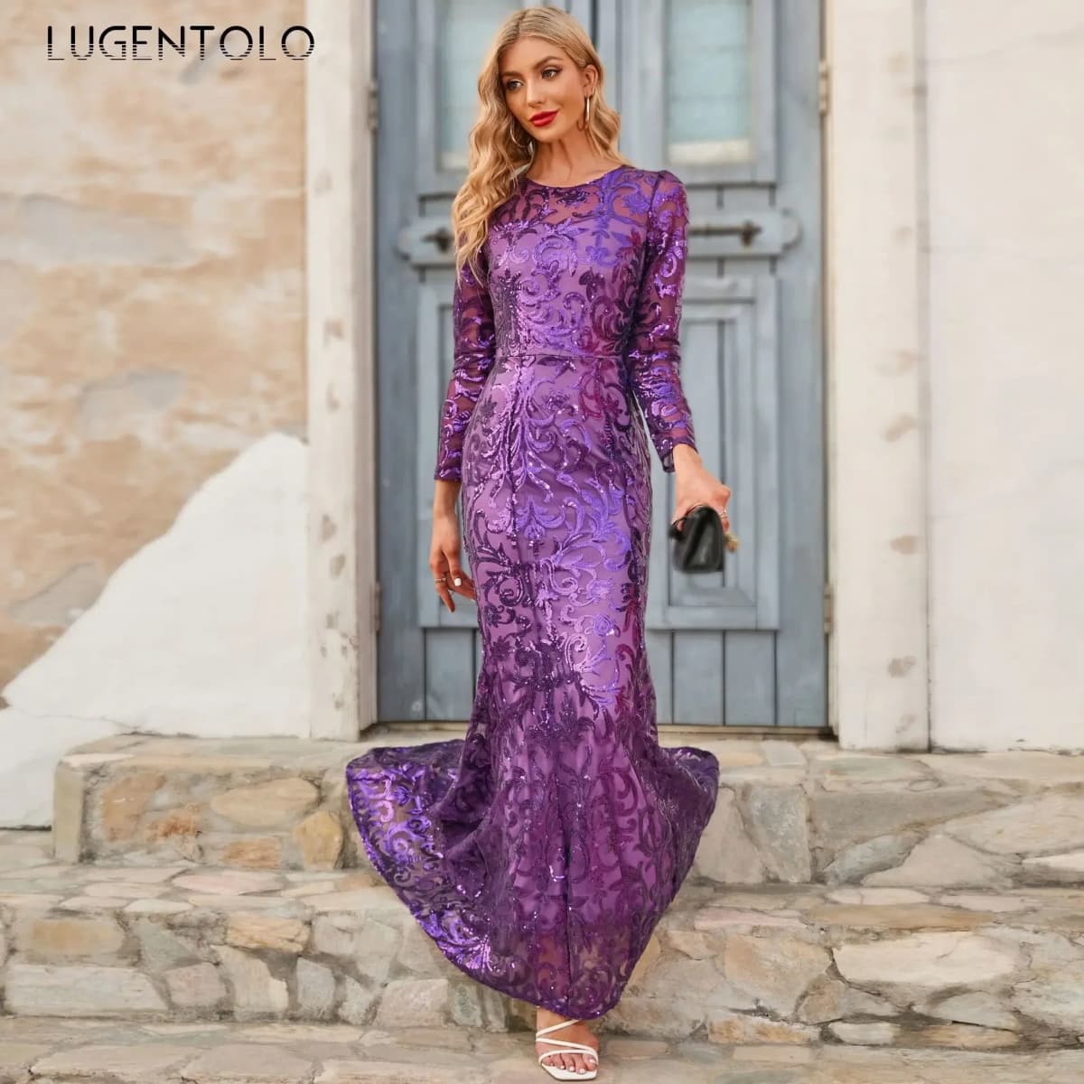 Women Elegant Dress Slim Party Long Sleeve Sequins Mermaid Lady Temperament High Waist Round Neck Dinner Solid Maxi Cloth