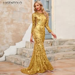 Women Elegant Dress Slim Party Long Sleeve Sequins Mermaid Lady Temperament High Waist Round Neck Dinner Solid Maxi Cloth