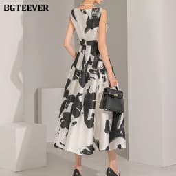 BGTEEVER Stylish Sleeveless Printed A-line Dress for Women Elegant Slim Waist O-neck Ladies Mid-Length Dress Summer Vestidos