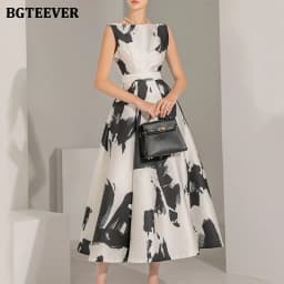 BGTEEVER Stylish Sleeveless Printed A-line Dress for Women Elegant Slim Waist O-neck Ladies Mid-Length Dress Summer Vestidos