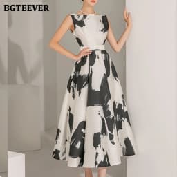 BGTEEVER Stylish Sleeveless Printed A-line Dress for Women Elegant Slim Waist O-neck Ladies Mid-Length Dress Summer Vestidos