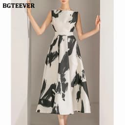 BGTEEVER Stylish Sleeveless Printed A-line Dress for Women Elegant Slim Waist O-neck Ladies Mid-Length Dress Summer Vestidos