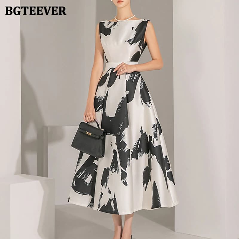 BGTEEVER Stylish Sleeveless Printed A-line Dress for Women Elegant Slim Waist O-neck Ladies Mid-Length Dress Summer Vestidos