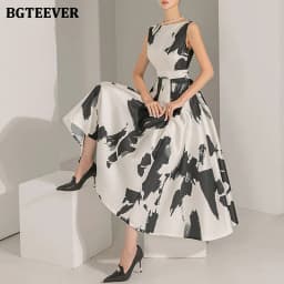 BGTEEVER Stylish Sleeveless Printed A-line Dress for Women Elegant Slim Waist O-neck Ladies Mid-Length Dress Summer Vestidos