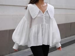 2025 Autumn Style Loose Wrinkle Top Commuter White Doll Collar Lantern Sleeve Shirt Women's Medium To Long