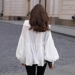 2025 Autumn Style Loose Wrinkle Top Commuter White Doll Collar Lantern Sleeve Shirt Women's Medium To Long