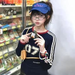 Karrram Japanese Y2k Letter Print T Shirt Vintage Harajuku Long Sleeve Jersey T-shirt American Retro Streetwear 2000s Aesthetics
