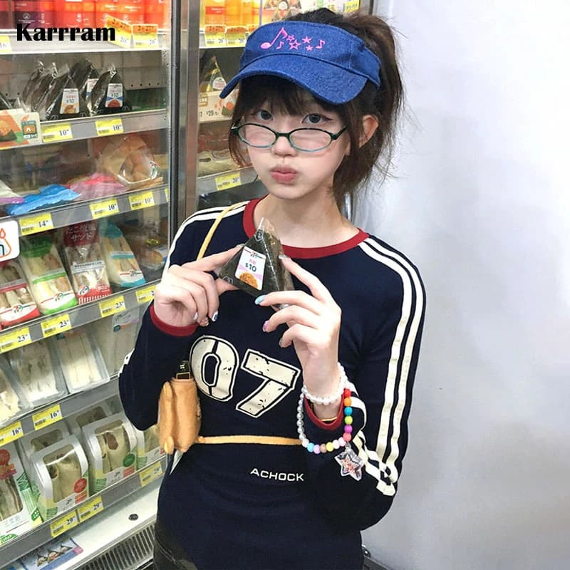 Karrram Japanese Y2k Letter Print T Shirt Vintage Harajuku Long Sleeve Jersey T-shirt American Retro Streetwear 2000s Aesthetics