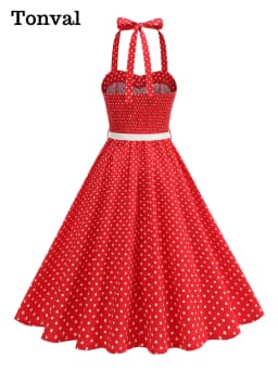 Tonval Halter Neck Polka Dot 1950s Fit and Flare Dresses Women Holiday Vintage Party Prom Shirred Back Belted Backless Dress