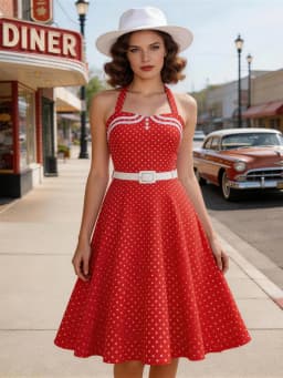 Tonval Halter Neck Polka Dot 1950s Fit and Flare Dresses Women Holiday Vintage Party Prom Shirred Back Belted Backless Dress