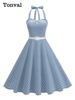 Tonval Halter Neck Polka Dot 1950s Fit and Flare Dresses Women Holiday Vintage Party Prom Shirred Back Belted Backless Dress