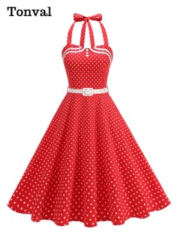 Tonval Halter Neck Polka Dot 1950s Fit and Flare Dresses Women Holiday Vintage Party Prom Shirred Back Belted Backless Dress