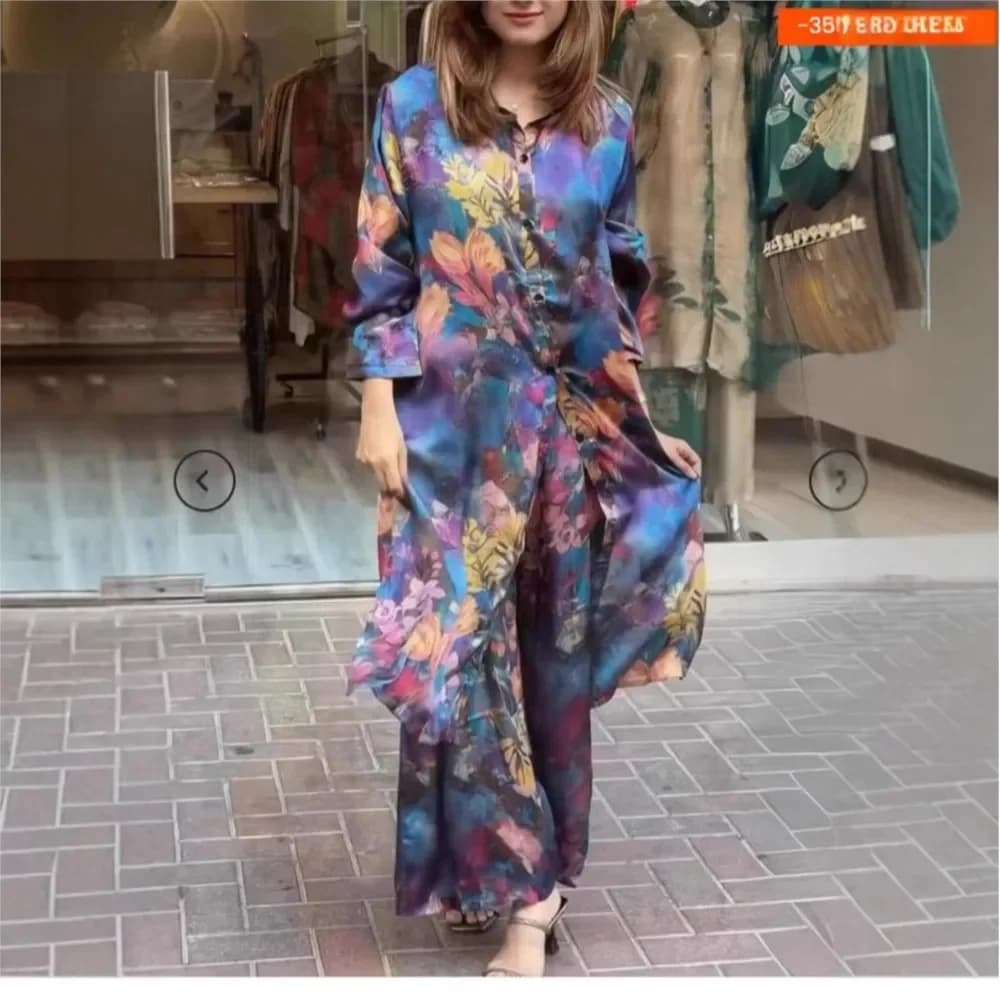CPSYMYM Elegant For Women Print Long Top 2 Pieces Set Spring Floral Single Breasted Lapel Shirt Wide Leg Pant Outfits Loose Leis