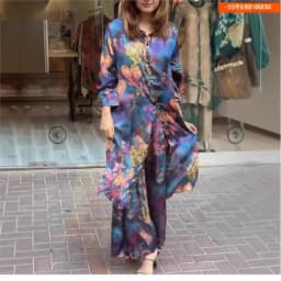 CPSYMYM Elegant For Women Print Long Top 2 Pieces Set Spring Floral Single Breasted Lapel Shirt Wide Leg Pant Outfits Loose Leis