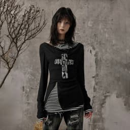 Karrcat Grunge Aesthetics Fake Two-piece Tops Trashy Y2k Long Sleeve Knitted Tops Wasteland Punk Patchwork Tops Gothic Vintage