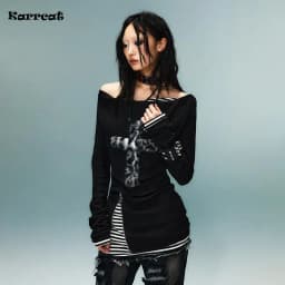 Karrcat Grunge Aesthetics Fake Two-piece Tops Trashy Y2k Long Sleeve Knitted Tops Wasteland Punk Patchwork Tops Gothic Vintage
