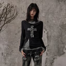 Karrcat Grunge Aesthetics Fake Two-piece Tops Trashy Y2k Long Sleeve Knitted Tops Wasteland Punk Patchwork Tops Gothic Vintage