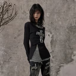Karrcat Grunge Aesthetics Fake Two-piece Tops Trashy Y2k Long Sleeve Knitted Tops Wasteland Punk Patchwork Tops Gothic Vintage