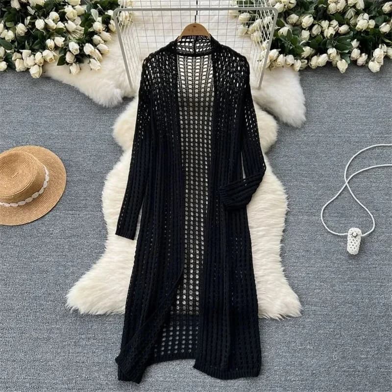 Korean Lazy Style Mid Length Loose Shawl Jacket Female Design Sense Hollowed Out Knitted Cardigan Worn On Top To Show Off A Slim