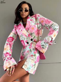 Oymimi Fashion Pink Print 2 Pieces Set For Woman Elegant Long Sleeve Button Crop Shirts And High Waist Side Slit Mini Skirts Set