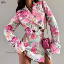 Oymimi Fashion Pink Print 2 Pieces Set For Woman Elegant Long Sleeve Button Crop Shirts And High Waist Side Slit Mini Skirts Set