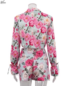 Oymimi Fashion Pink Print 2 Pieces Set For Woman Elegant Long Sleeve Button Crop Shirts And High Waist Side Slit Mini Skirts Set