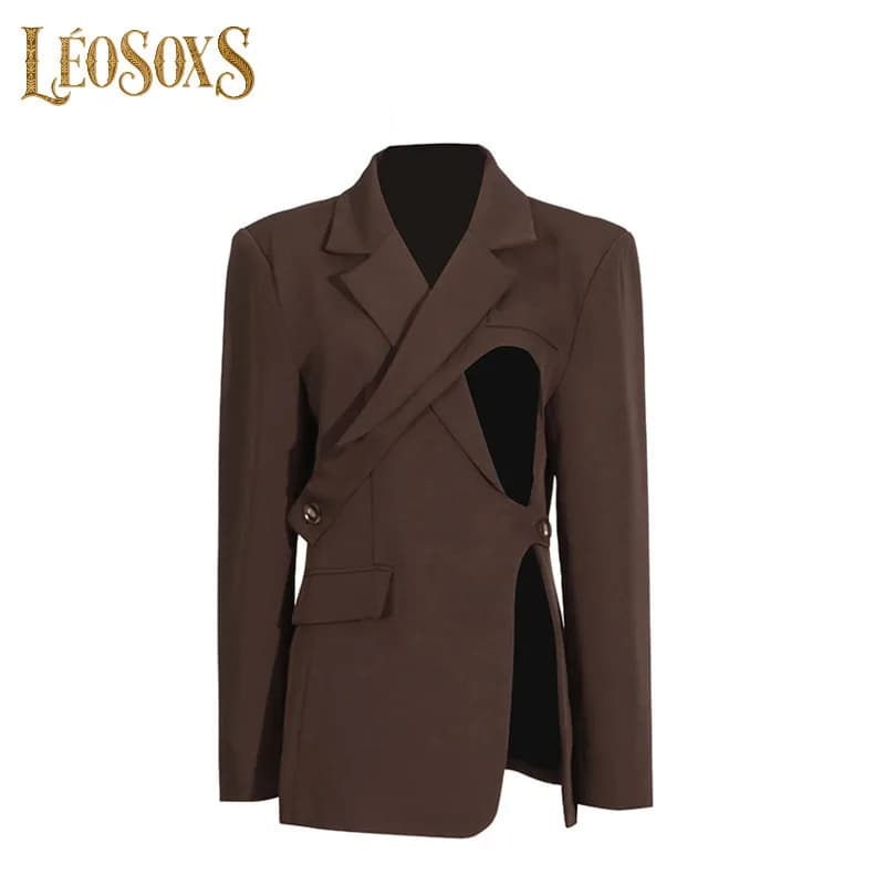 LEOSOXS Hollow Out Fashion Women's Personality Lace Up Suit Jackets Streetwear Long Sleeves Slim V Neck Formal Jackets Autumn