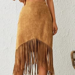 A New Cross-border Women's Clothing Style Western-style Faux Suede Velvet Tassel High-waisted A-line Skirt