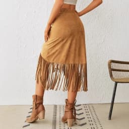 A New Cross-border Women's Clothing Style Western-style Faux Suede Velvet Tassel High-waisted A-line Skirt