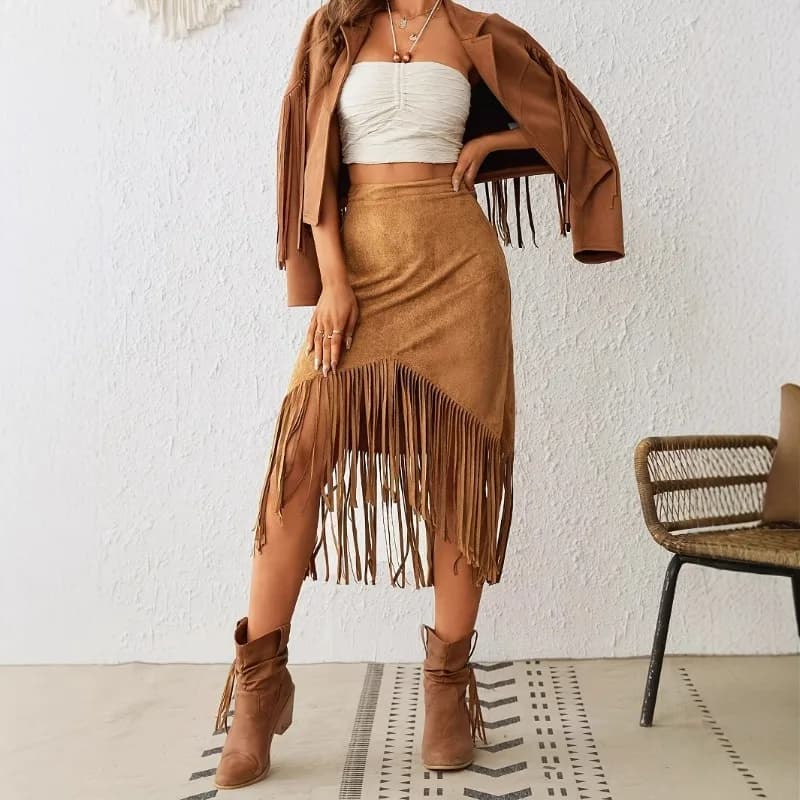 A New Cross-border Women's Clothing Style Western-style Faux Suede Velvet Tassel High-waisted A-line Skirt