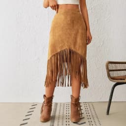 A New Cross-border Women's Clothing Style Western-style Faux Suede Velvet Tassel High-waisted A-line Skirt