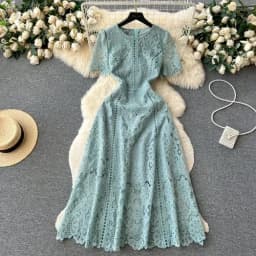 Vintage Solid Lace O-neck Hollow Out Lotus Leaf Sleeves Short Sleeves Long Dresses Casual Women A-Line Fashion Summer Clothing