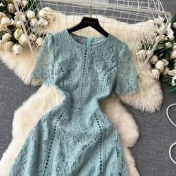 Vintage Solid Lace O-neck Hollow Out Lotus Leaf Sleeves Short Sleeves Long Dresses Casual Women A-Line Fashion Summer Clothing