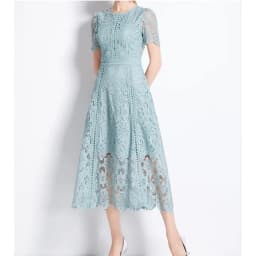 Vintage Solid Lace O-neck Hollow Out Lotus Leaf Sleeves Short Sleeves Long Dresses Casual Women A-Line Fashion Summer Clothing