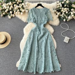 Vintage Solid Lace O-neck Hollow Out Lotus Leaf Sleeves Short Sleeves Long Dresses Casual Women A-Line Fashion Summer Clothing