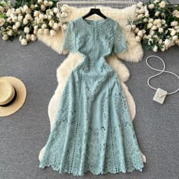 Vintage Solid Lace O-neck Hollow Out Lotus Leaf Sleeves Short Sleeves Long Dresses Casual Women A-Line Fashion Summer Clothing