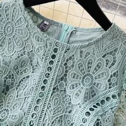 Vintage Solid Lace O-neck Hollow Out Lotus Leaf Sleeves Short Sleeves Long Dresses Casual Women A-Line Fashion Summer Clothing