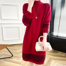 100% Merino Wool Fashion Color-Blocked Knit Half-Turtleneck Sweater Cashmere Long Sleeves Leisure Soft Warm Women's Clothing Top